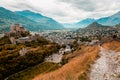 Panorama of Sion city, Rhone Valley and medieval Valere Basilica seen from Tourbillon Castle hill, canton Valais