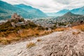 Panorama of Sion city, Rhone Valley and medieval Valere Basilica seen from Tourbillon Castle hill, canton Valais