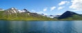 Panorama Skagafjordur eastern coastline in Northern Iceland with snowy mountains in the background