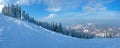 Panorama of ski piste on the background of spruce forest Royalty Free Stock Photo