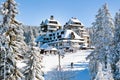 Panorama of ski resort Kopaonik, Serbia, people, houses covered with snow