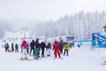 Panorama of ski resort Kopaonik, Serbia, skiers, lift, pine trees