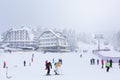 Panorama of ski resort Kopaonik, Serbia, skiers, lift, pine trees