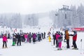 Panorama of ski resort Kopaonik, Serbia, skiers, lift, pine trees