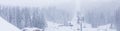 Panorama of ski resort Kopaonik, Serbia, skiers, lift, pine trees, snowfall