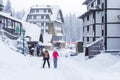 Panorama of ski resort Kopaonik, Serbia, skiers, pine trees