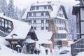 Panorama of ski resort Kopaonik, Serbia, skiers, pine trees