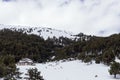 Panorama of ski resort, slope, people on the ski lift, skiers on the piste among white snow pine trees. Winter season Royalty Free Stock Photo