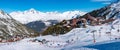 Panorama of ski resorts and ski fields in Les Arcs 2000 with Mont Blanc as background, Savoie, France, Europe