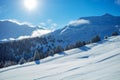 Panorama of ski track on the slope over snow covered fir forest Royalty Free Stock Photo