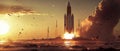 Panorama of the sky with the sunset behind a space rocket on the launch pad. Royalty Free Stock Photo