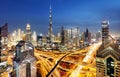 Panorama of skyline downtown Dubai - Aerial view at night, United Arab Emirates Royalty Free Stock Photo