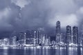 Panorama of skyline and Harbor of midtown of Hong Kong city at dusk in monochrome Royalty Free Stock Photo