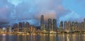 Skyline and Harbor of midtown of Hong Kong city at dusk