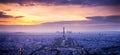 panorama of skyline of Paris with Eiffel Tower at sunset in Paris, France. Eiffel Tower is one of the most iconic landmarks of