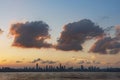 Panorama of skyline of Shenzhen city, China under sunset. Viewed from Hong Kong border Royalty Free Stock Photo