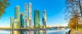 Panorama of the skyscrapers of the business center of Moscow from the embankment of the Moskva River Royalty Free Stock Photo
