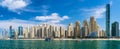 Panorama of skyscrapers on coast of Dubai Marina, view from water, UAE Royalty Free Stock Photo