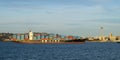 Panorama of SM Line container ship passing Seattle Space Needle