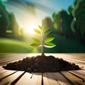 panorama small tree growing with sunrise. green world and earth day concept generative AI