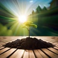 panorama small tree growing with sunrise. green world and earth day concept generative AI