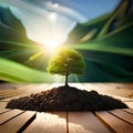 panorama small tree growing with sunrise. green world and earth day concept generative AI