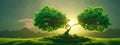 panorama small tree growing with sunrise. green world and earth day concept Royalty Free Stock Photo