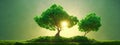 panorama small tree growing with sunrise. green world and earth day concept