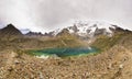 Panorama of snow-covered Andes mountains and blue lake