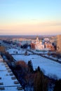 Panorama of the snow-covered city of Tolyatti with a view of the Volga Orthodox Institute and the Temple of the Three Saints.