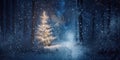 Panorama of snow covered forest at night, illuminated by the soft glow of a decorated Christmas tree, with gently falling