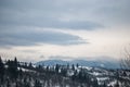 Panorama of a snow covered wooded mountain