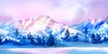 Panorama of snow mountain landscape with blue sky and winter forest, snow covered trees, ski resort, travel concept