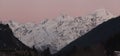 Panorama of snow mountain in winter time, sunset.