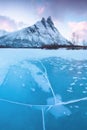 Panorama of snowy fjords and mountain range, Senja, Norway Amazing Norway nature seascape popular tourist attraction. Royalty Free Stock Photo