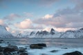 Panorama of snowy fjords and mountain range, Senja, Norway Amazing Norway nature seascape popular tourist attraction. Royalty Free Stock Photo