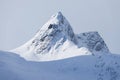 Panorama of snowy fjords and mountain range, Senja, Norway Amazing Norway nature seascape popular tourist attraction. Royalty Free Stock Photo