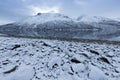 Panorama of snowy fjords and mountain range, Senja, Norway Amazing Norway nature seascape popular tourist attraction. Royalty Free Stock Photo