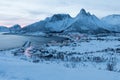 Panorama of snowy fjords and mountain range, Senja, Norway Amazing Norway nature seascape popular tourist attraction.