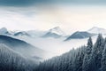 Panorama of snowy forest at foggy winter day with tonal perspective