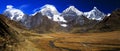 Panorama of snowy mountains and valley of rivers in the remote Cordillera Huayhuash Circuit near Caraz in Peru