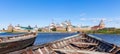 Panorama of the Solovetsky monastery with old broken boats on th