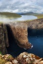 Panorama of Sorvagsvatn lake and cliffs of Traelanipa on Vagar island in sunset, Faroe Islands mountain and ocean landscape