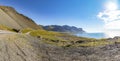 Panorama of the south east Ring Road of Iceland, Mountains sun a