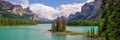 Panorama of Spirit island in Maligne lake, Jasper National Park, Alberta, Rocky Mountains Canada Royalty Free Stock Photo