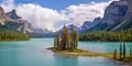 Panorama of Spirit island in Maligne lake, Jasper National Park, Alberta, Rocky Mountains Canada Royalty Free Stock Photo