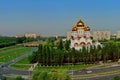 Panorama of the spring city of Togliatti overlooking the Transfiguration Cathedral.