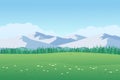 Panorama of spring summer beautiful nature, green grasslands meadow, forest, and mountains on horizon background landscape vector Royalty Free Stock Photo