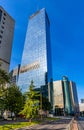 Panorama of Srodmiescie and Wola business district along Grzybowska street with Q22 tower and Westin hotel in Warsaw, Poland