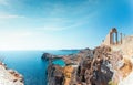 Panorama of the St. Paul's Bay in Lindos city from the Acropolis, Rhodes island, Greece Royalty Free Stock Photo